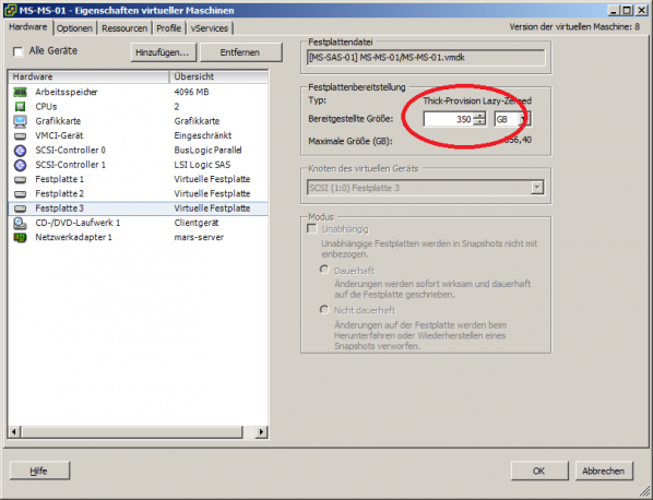 VMware Konfigurationsfenster