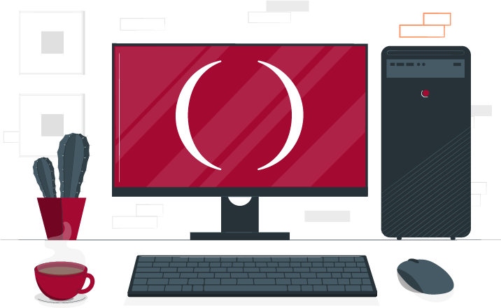 Desktop-Arbeitsplatz mit Monitor (roter Bildschirm und weißes Klammer-Symbol), Tastatur, Maus, PC-Tower, roter Kaffeetasse, Kakteenpflanze und zwei Bilderrahmen.