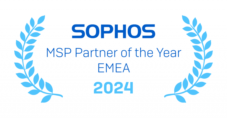 Blaue Award-Grafik mit Sophos-Logo, flankiert von Lorbeerzweigen und dem Text „MSP Partner of the Year EMEA 2024“ für Mars Solutions.
