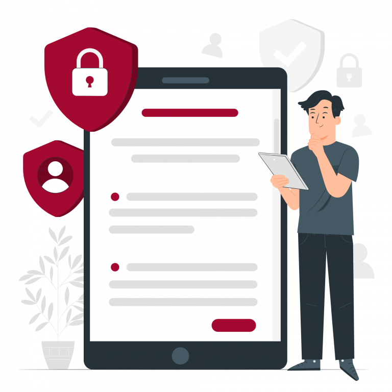 Illustration eines Mannes mit Tablet vor großem Bildschirm mit Datenschutzsymbolen und Sicherheitsschilden