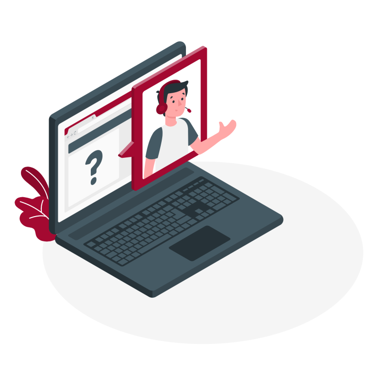 Illustration eines Laptops mit einem technischen Supportmitarbeiter im Bildschirm, der Hilfe anbietet.