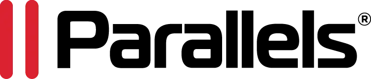 Parallels-Logo: Zwei vertikale rote Balken neben dem Schriftzug „Parallels“ in schwarzer, serifenloser Typografie.