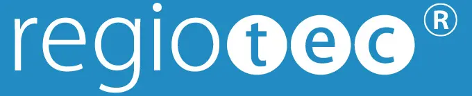 regiotec®-Logo: Weißer Schriftzug „regio“ gefolgt von drei weißen Buchstaben „t“, „e“, „c“ in einzelnen Blautönen-Kreisen auf hellblauem Hintergrund.