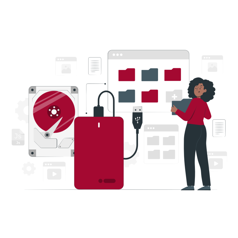 Illustration eines externen Festplattenspeichers und einer Person, die ein Gerät hält.