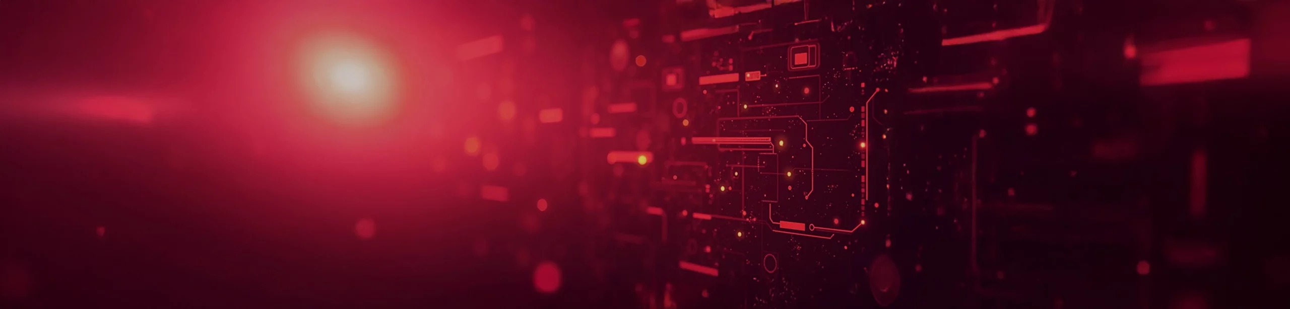 Grafik mit rotem Hintergrund und digitaler IT-Struktur in abstrakter Form.