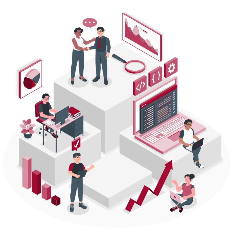 Grafische Darstellung von Geschäftsanalyse mit Diagrammen, Teamarbeit und Programmierung.