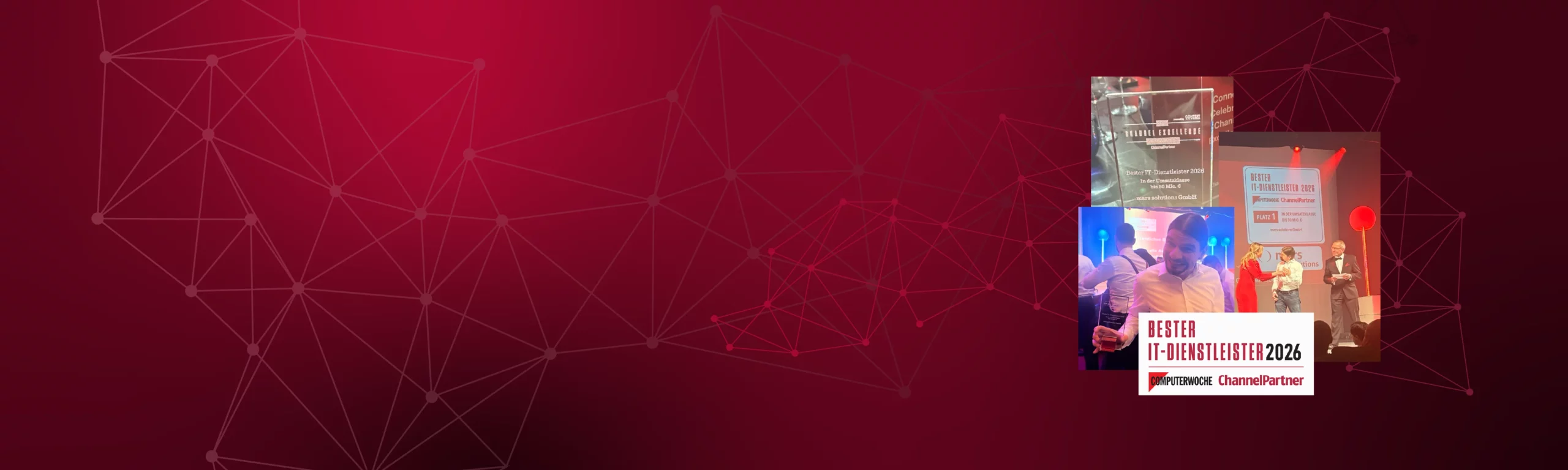 Grafik mit geometrischen Mustern in Rot und Bildern der mars solutions die den Preis Bester IT-Dienstleister 2026 erhält.