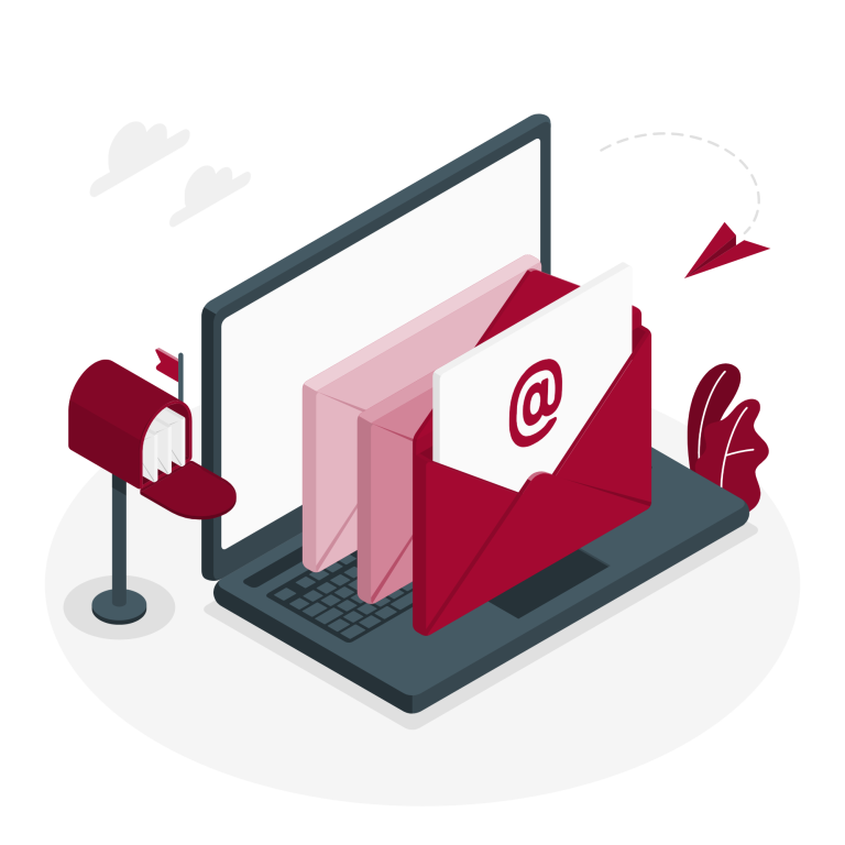 Laptop mit geöffnetem E-Mail-Umschlag und ein- und ausgehender Post