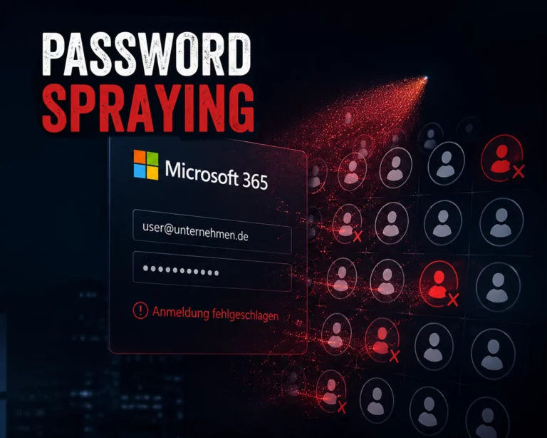 Ein Microsoft-365-Loginfenster zeigt Password Spraying mit user@unternehmen.de, vielen gesperrten Konten und der Meldung "Anmeldung fehlgeschlagen".